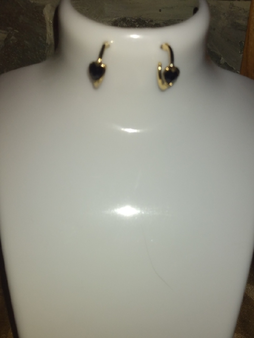 Gold Plated  Heart Drop Earrings with Black Heart Accent - Women Jewelry
